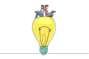 Continuous one line drawing people sitting on big lightbulb. Read with focus and serious. Metaphor looking for brilliant idea from scientific books. Book festival. Single line draw illustration vector