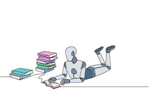 Single continuous line drawing smart robot really likes reading. Everyday one book is read. Good habit. There is no day without reading book. Book festival concept. One line design illustration vector