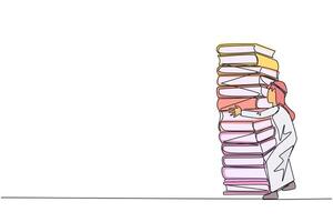 Single continuous line drawing Arab man hugging a very high pile of books. Hobby to collecting and reading books. Filling free time with useful things. Loving read. One line design illustration vector