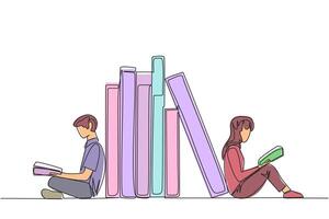 Single continuous line drawing man woman reading sitting leaning against a pile of books. Habit of reading books every day. Library. Good habit. Book festival concept. One line illustration vector