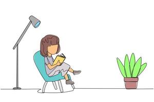 soltero uno línea dibujo inteligente niña sentado leyendo en un habitación con un leyendo lámpara. gasto colegio Días festivos creciente conocimiento por leyendo libros. amor leer. continuo línea diseño gráfico ilustración vector