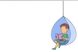 Continuous one line drawing boy sitting relaxed in a hanging chair reading a book. Spend the weekend reading favorite fiction story book. Love reading. Single line draw design illustration vector