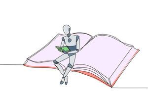 Single continuous line drawing smart robot sitting reading on large flying book. Relax reading like on a carpet flying into the sky. Future technology development. One line design illustration vector