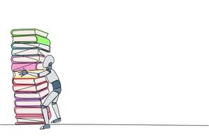 Continuous one line drawing smart robot hugging very high pile of books. Hobby to collecting and reading books. Filling free time with useful things. Read. Single line draw design illustration vector