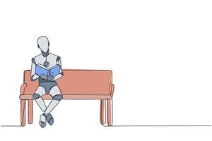 Single one line drawing smart robot sitting reading on chair in the university park. Prepare for the final exam with serious reading. Book festival concept. Continuous line design graphic illustration vector