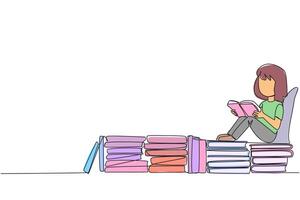 Continuous one line drawing girl sitting relaxed reading a book on pile of books. Relax while reading fiction books. Enjoy the storyline. Book festival concept. Single line design illustration vector