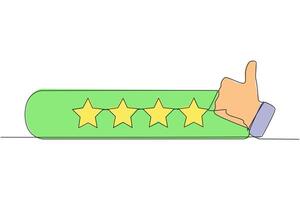 Continuous one line drawing thumbs up next to 4 stars. Star rating. Positive review. Feedback concept. Buyer experience. Customer review rating. Ecommerce. Single line draw design illustration vector