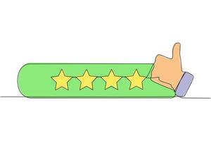 Continuous one line drawing thumbs up next to 4 stars. Star rating. Positive review. Feedback concept. Buyer experience. Customer review rating. Ecommerce. Single line draw design illustration vector