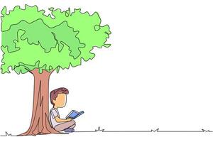 Single continuous line drawing boy sitting reading a book under shady tree. Continuing the second volume of the fiction story book. Enjoy reading. Book festival. One line design illustration vector