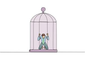 Continuous one line drawing businessman trapped in cage kneeling holding iron bars. Framed by business partner. Have to bear all the consequences. Unfair. Single line draw design illustration vector