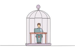 Continuous one line drawing businessman trapped in cage sitting and typing on laptop computer. Tiring routine. Unhappy businessman with the many deadline. Single line draw design illustration vector