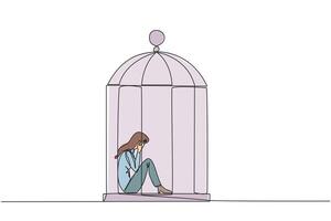 Continuous one line drawing businesswoman trapped in cage sitting covering face. Feel utterly defeated. Trapped in a dirty business. Mentally tired. Lost. Single line draw design illustration vector