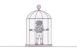 Single continuous line drawing astronaut trapped in cage standing with open arms. Surrender to the situation. Forced to stay in a cage. Business is not growing. One line design illustration vector