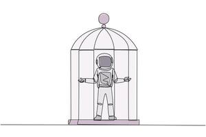 Single continuous line drawing astronaut trapped in cage standing with open arms. Surrender to the situation. Forced to stay in a cage. Business is not growing. One line design illustration vector