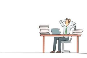 Single continuous line drawing businessman sitting on office chair. Stressful to see stock price on a laptop screen that don't increase. Stressful businessman. One line design illustration vector
