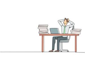 Single continuous line drawing businessman sitting on office chair. Stressful to see stock price on a laptop screen that don't increase. Stressful businessman. One line design illustration vector