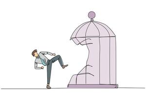 Single continuous line drawing taekwondo businessman destroy cage with the kick. Metaphors remove the comfort zone trap. A genius entrepreneur for the company. One line design illustration vector