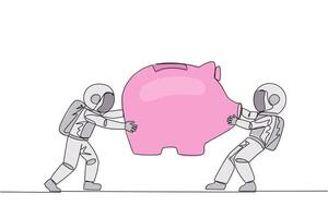 Single one line drawing two selfish astronaut fighting over big piggy bank. Arguing and each other feel entitled. Astronaut versus astronaut. Attack. Space. Continuous line design graphic illustration vector