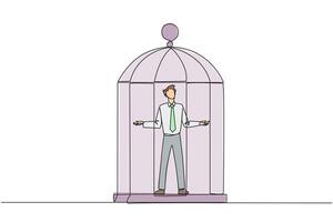 Single one line drawing businessman trapped in cage standing with open arms. Surrender to the situation. Forced to stay in a cage. Business is not growing. Continuous line design graphic illustration vector