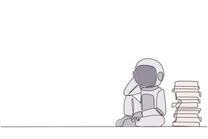 Continuous one line drawing astronaut sitting near piles of work files. Too much work is stressful. Putting off work makes work neglected. Tired. Unhappy. Single line draw design illustration vector