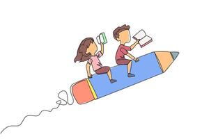 Single continuous line drawing the kids rides on a pencil-shaped rocket. Reading a book at a height. Read books anywhere. Very good habits. Book festival concept. One line design illustration vector