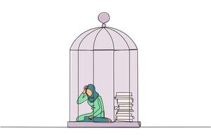 Single one line drawing Arabian businesswoman trapped in cage sitting down frustrated. Stress with piling up unfinished work until close to deadline. Exhausted. Continuous line graphic illustration vector