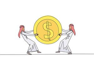 Continuous one line drawing two angry Arabian businessman fighting over dollar sign coin. The last coin used to buy fresh drinks at vending machine. Attack. Single line draw design illustration vector