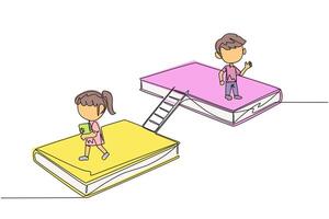 Single one line drawing kids walking on books. A book exhibition concept. Display many books, from scientific books to fiction story books. Book festival. Continuous line design graphic illustration vector