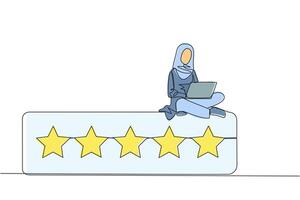 Single continuous line drawing young happy Arabian woman sitting on rating board typing laptop computer. Give 5 stars and very satisfying review. Online shopping. One line design illustration vector