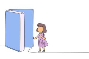 soltero continuo línea dibujo niña abrió el en forma de libro puerta. libros lata abierto mente y ver en todos lados. incrementar conocimiento acerca de el más amplio mundo. libro festival. uno línea diseño ilustración vector