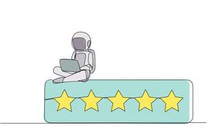 Single continuous line drawing young happy astronaut sitting on rating board typing laptop computer. Give 5 stars and a very satisfying review. Online shopping. One line design illustration vector