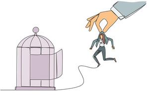 Single continuous line drawing big hands holding businesswoman and want put in a cage. Trapping roughly. Beating a business opponent by cheating. Unfair business. One line design illustration vector