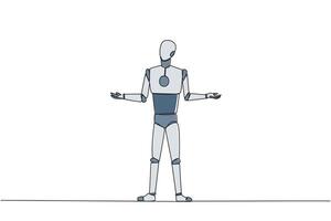 Continuous one line drawing smart robot standing straight with open arms. Lonely and sadness robot lamenting undeveloped business. Unhappy manager. AI tech. Single line draw design illustration vector