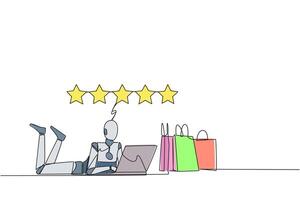 Continuous one line drawing robot on stomach while typing on laptop. Next to the laptop is a shopping bag. Give the best review with pleasure. Future tech. Single line draw design illustration vector