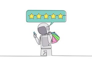 Continuous one line drawing happy astronaut holding several shopping bags. The other hand typing on the smartphone gives a 5 star review. Online shopping. Single line draw design illustration vector