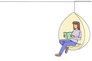 Single one line drawing woman sitting relaxed in a hanging chair reading a book. Spending the weekend reading the favorite fiction story book. Love reading. Continuous line design graphic illustration vector