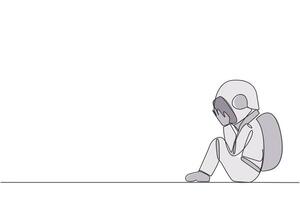 Single continuous line drawing young astronaut sitting while covering face. An unhappy astronaut bemoans the fate of business. Failure to develop business unit. One line design illustration vector