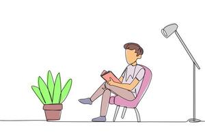 Single one line drawing smart man sitting reading in a room with a reading lamp. Spending the holidays increasing knowledge by reading books. Love reading. Continuous line design graphic illustration vector