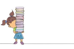 Continuous one line drawing girl carrying tall stack of books covering herself. Newly purchased book from a bookstore. Read books one by one at home. Love read. Single line design illustration vector