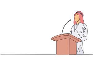 Single continuous line drawing young Arabian businessman speaking at the podium. Announced greatly improved business balance sheet. A fun speech for all parties. One line design illustration vector