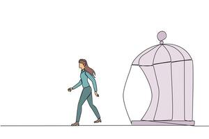 Continuous one line drawing businesswoman trapped in cage and walking penetrate the cage. Metaphor seeking new challenges and experiences for better future. Single line draw design illustration vector