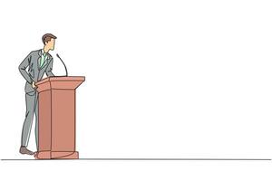 Single one line drawing businessman speech standing behind the podium. Give oration that world business can be more independent. Encourage through words. Continuous line design graphic illustration vector