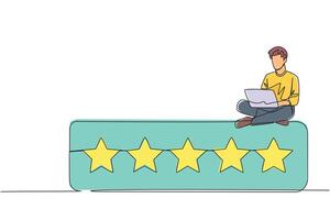 Single continuous line drawing young energetic happy man sitting on rating board typing laptop computer. Give 5 stars and a very satisfying review. Online shopping. One line design illustration vector