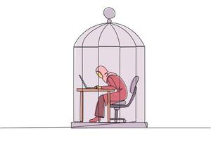 Single continuous line drawing Arabian businesswoman trapped in cage working on laptop. Plan to take annual leave to get away from routine. Workaholic. Overtime. One line design illustration vector