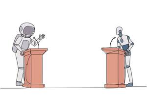 Single continuous line drawing robotic and astronaut arguing on the podium. Throwing arguments at each other, not wanting to give in. Feel most right. Debate. One line design illustration vector