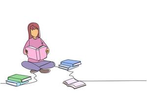 Single continuous line drawing woman who really likes reading. Everyday one book is read. Good habit. There is no day without reading book. Book festival concept. One line design illustration vector