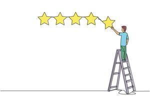 Single one line drawing young energetic happy man climbs a ladder carrying 1 star, making it 5 stars in a row. Give very good recommendation to the seller. Continuous line design graphic illustration vector