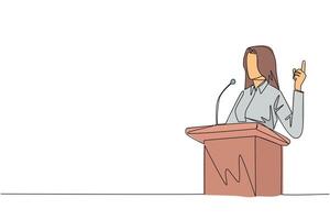 Single continuous line drawing young businesswoman speaking at the podium while giving gesture of lifting one finger up. Inspirational speech. Conference stage. One line design illustration vector