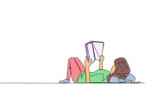 Single continuous line drawing woman lying on back reading book. Reading favorite comic. Big fan of fiction books. Enjoy the storyline. Reading increases insight. One line design illustration vector