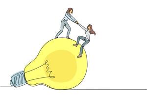 Single continuous line drawing businesswoman helps colleague climb the big lightbulb. Metaphors related to ideas. Brainstorm to achieve the best brilliant ideas. One line design illustration vector